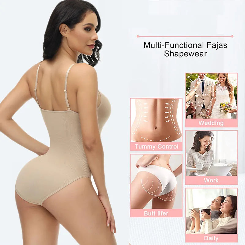 V-Neck Seamless Body Shaper Bodysuit - Open Crotch Compression