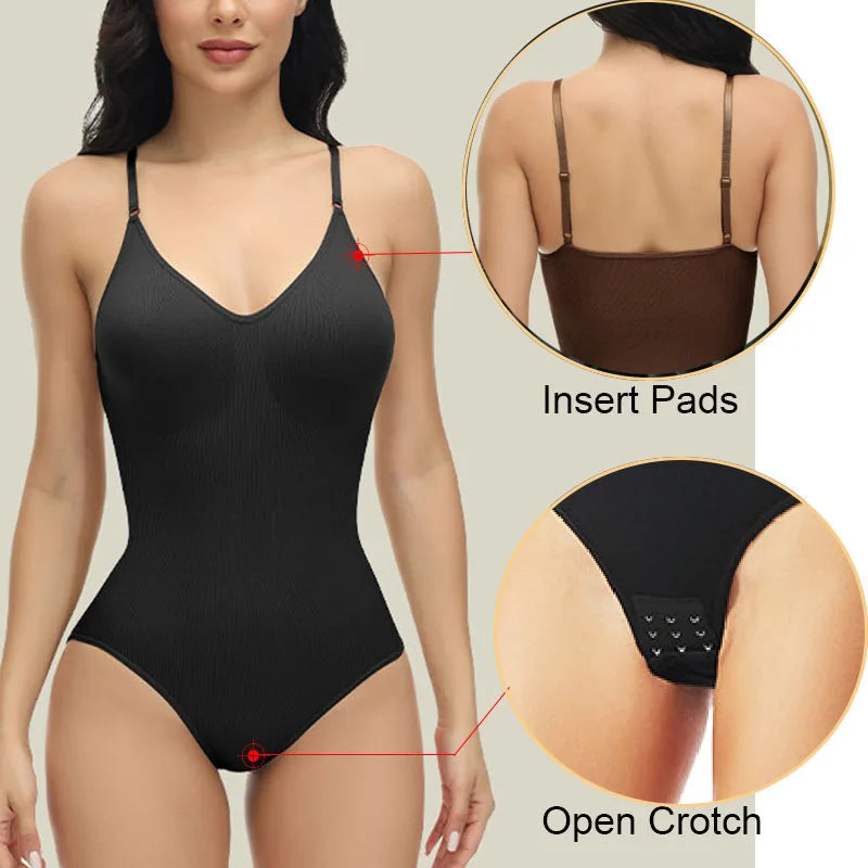 V-Neck Seamless Body Shaper Bodysuit - Open Crotch Compression