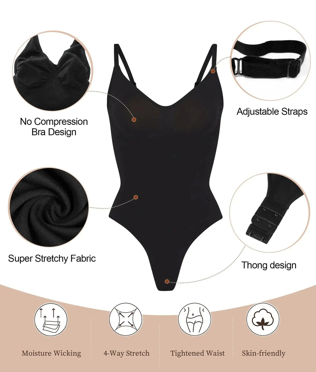 V-Neck Seamless Body Shaper Bodysuit - Open Crotch Compression