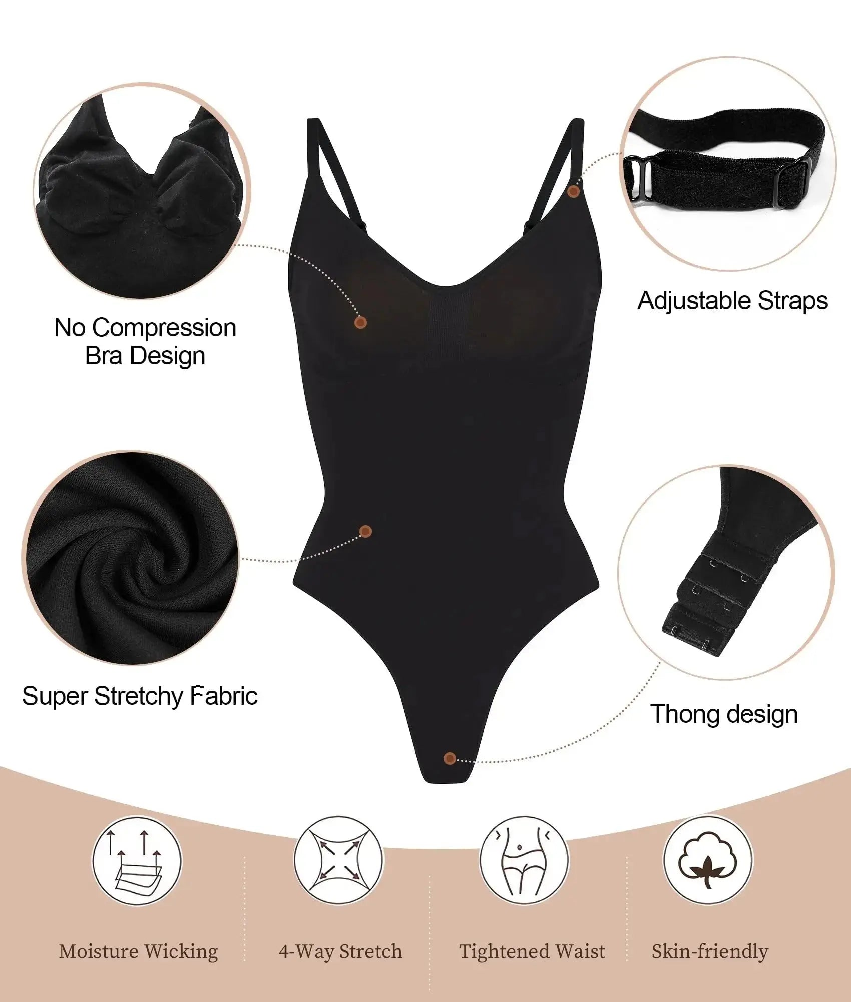 V-Neck Seamless Body Shaper Bodysuit - Open Crotch Compression