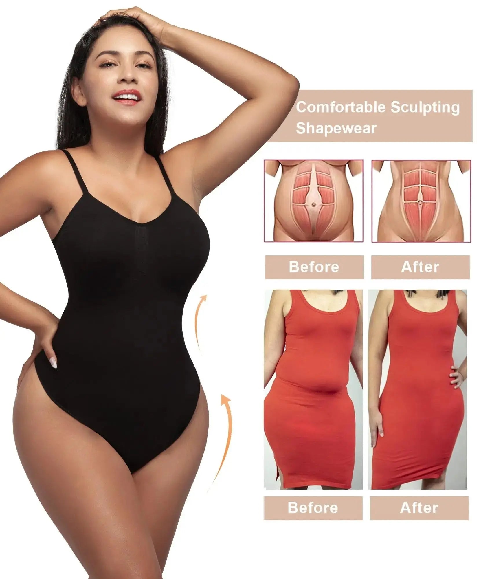 V-Neck Seamless Body Shaper Bodysuit - Open Crotch Compression
