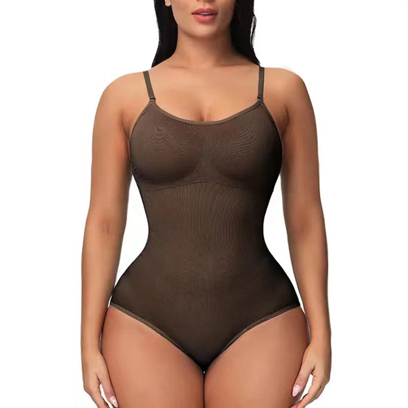 V-Neck Seamless Body Shaper Bodysuit - Open Crotch Compression
