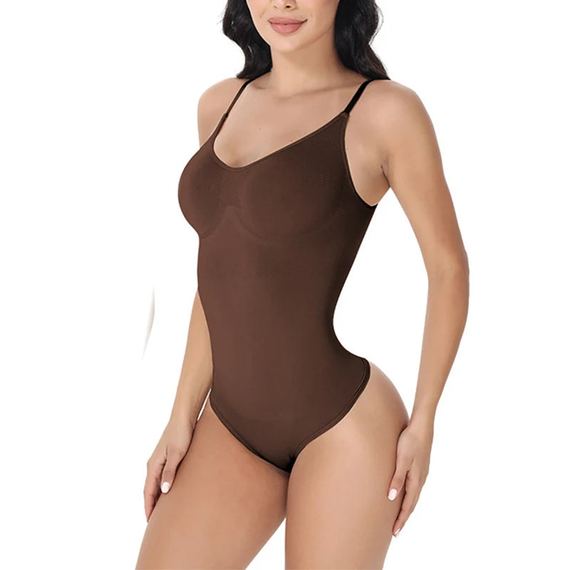V-Neck Seamless Body Shaper Bodysuit - Open Crotch Compression