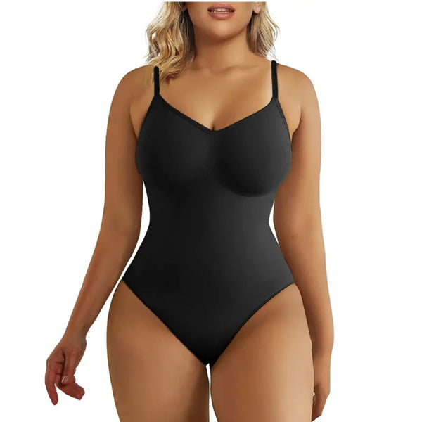 V-Neck Seamless Body Shaper Bodysuit - Open Crotch Compression