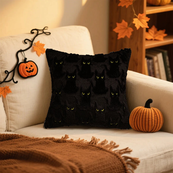 Halloween Black Cat Plush Pillow Decoration Embroidery Pillow Cover Living Room Sofa Cushion Square Pillow Cover